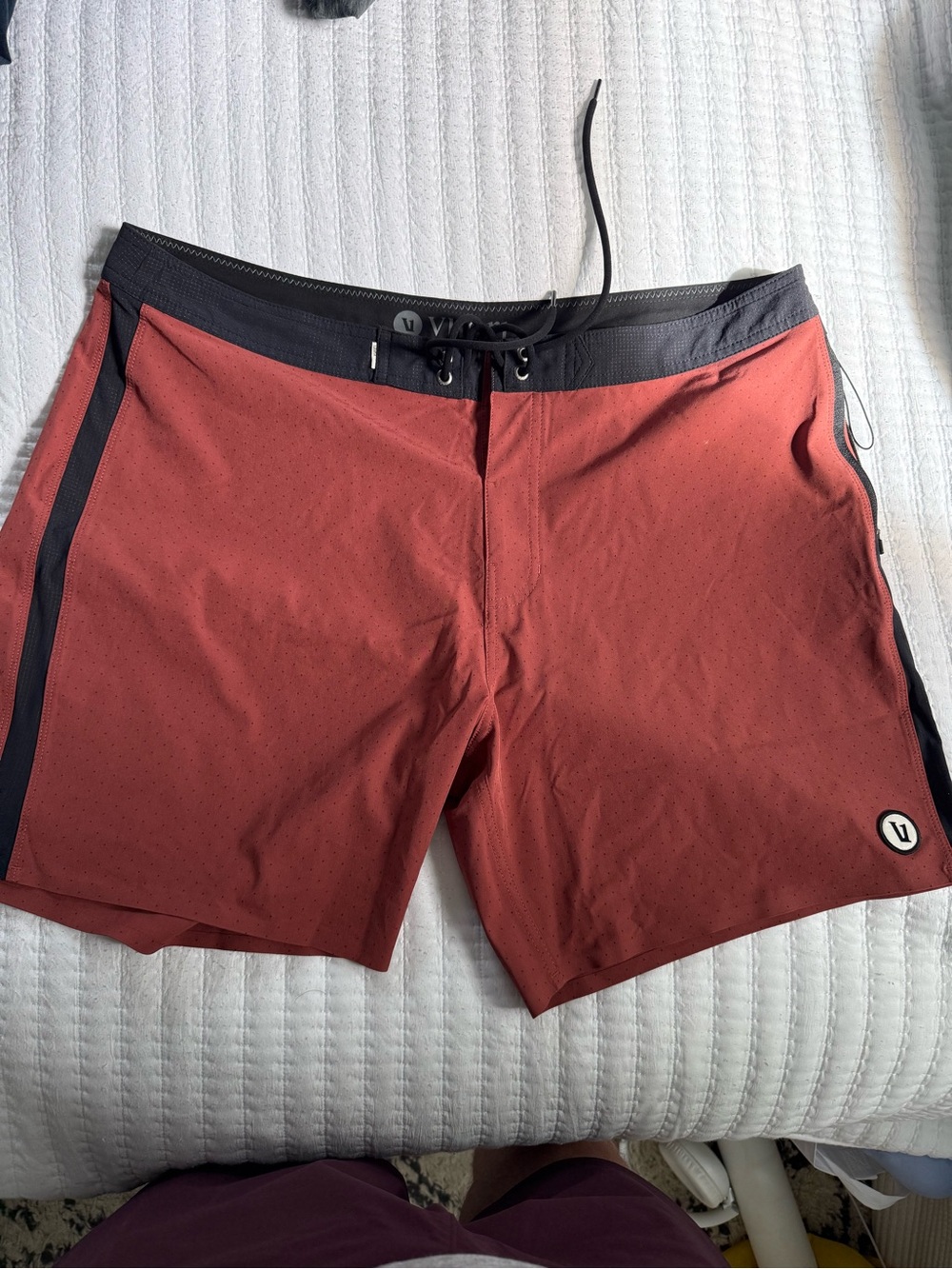 Vuori Brick Red Athletic Board Shorts with Black Waistband